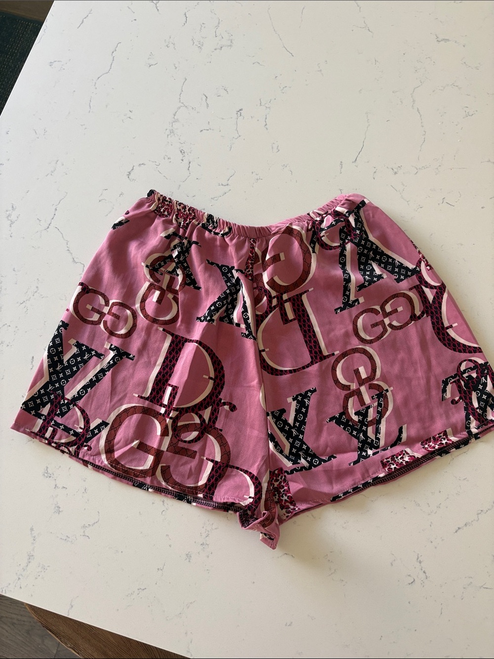 Pink Logo-Pattern Monogram High Waist Shorts